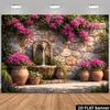 Plano 2D pared de piedra león fuente tema de jardín fondo tela buganvilla planta trepadora paisajismo fibra de poliéster