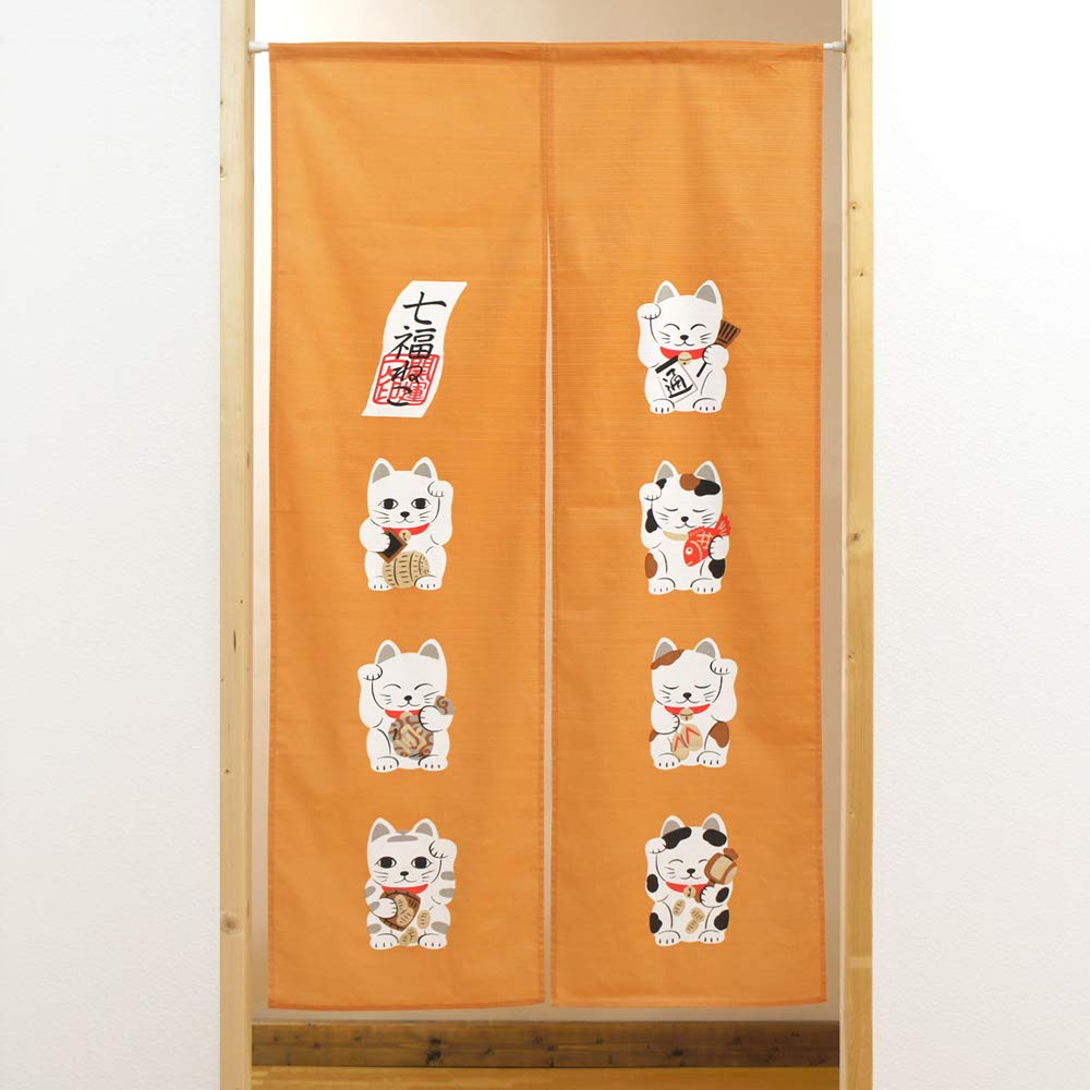 Noren Kobo Noren Japanese Width 85cm X Length Maneki Lucky Seven Lucky 10756 Curtain, Pattern, Cat, 150cm, Neko, Charm, Cats, Yellow,