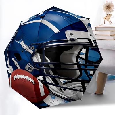 1 Stück Blaue Fußballhelm-Muster Praktischer Regenschirm, Modisch, Personalisiert, Hochwertiger Klappschirm, Ein Muss für den Sommer, 8-Speichen Langlebiges Iro