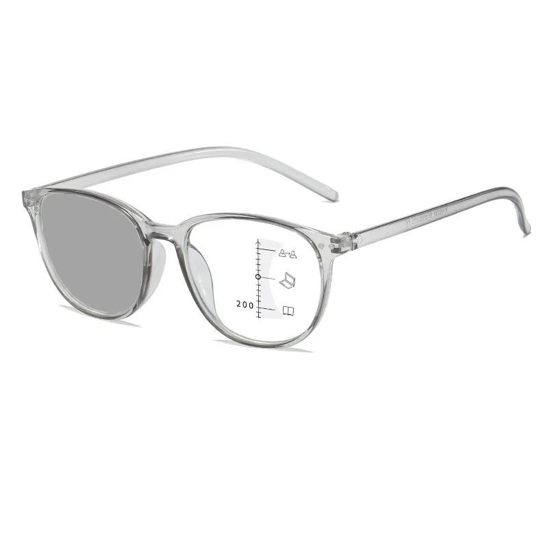 Women Round Photochromic Reading Glasses Trendy HD Color Changing Multifocal Glasses Men Anti-blue Ultralight Presbyopia 0+4.0