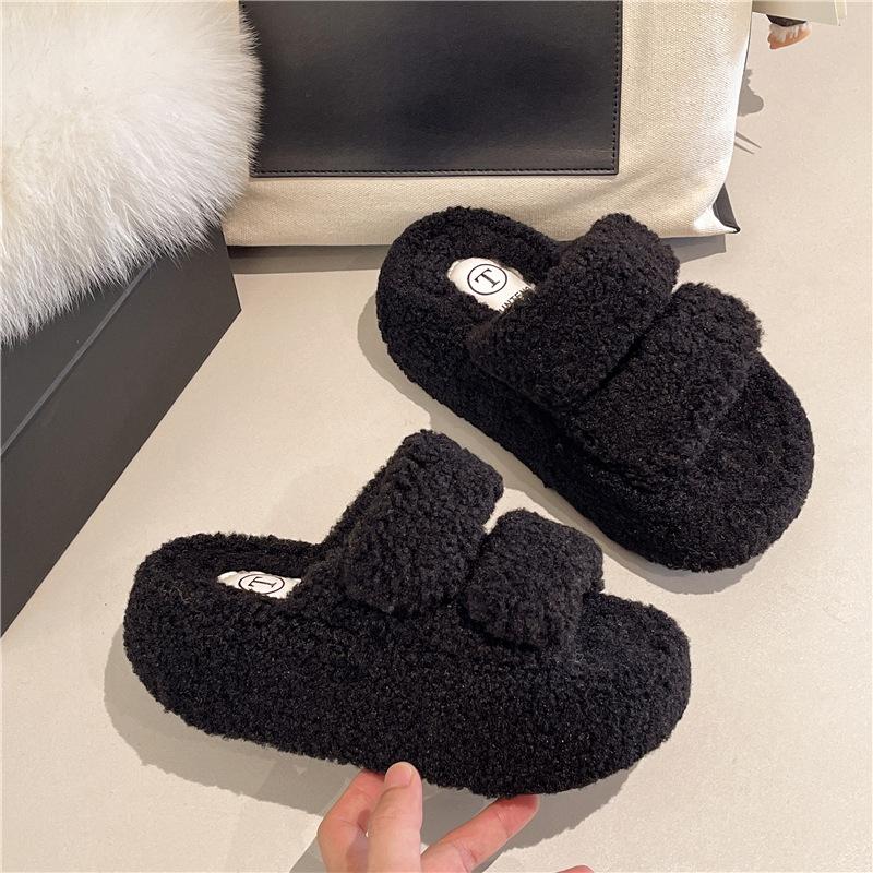 Thick-bottomed fluffy slippers for women's outer wear, one-word velvet to keep warm and increase height, autumn and winter 2025 new mink wool cotton