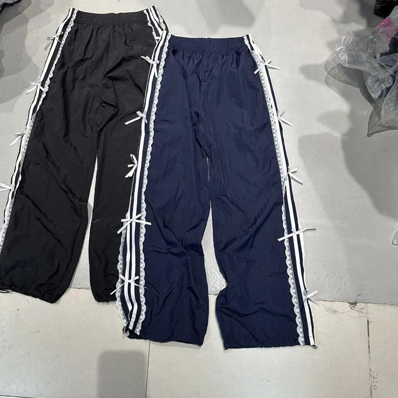 Elastic Waist Lace Flared White Edge Stitching Casual Pants Slim Sports Pants Bow Tie Pants
