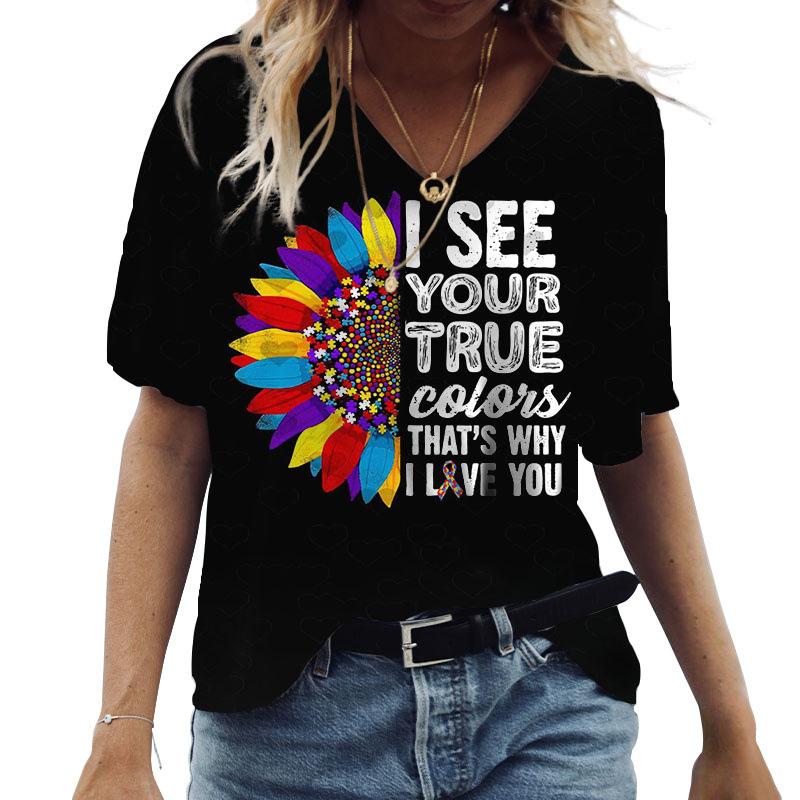 Verão Manga Curta Decote V Nova Blusa Camiseta Casual Feminina Girassol Estampa 3D