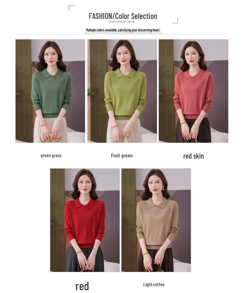 Autumn 2025 Hollowed-Out Long-Sleeve Knitted Sweater with Turn-Down Collar - Women's Fashionable Base Layer Pullover
