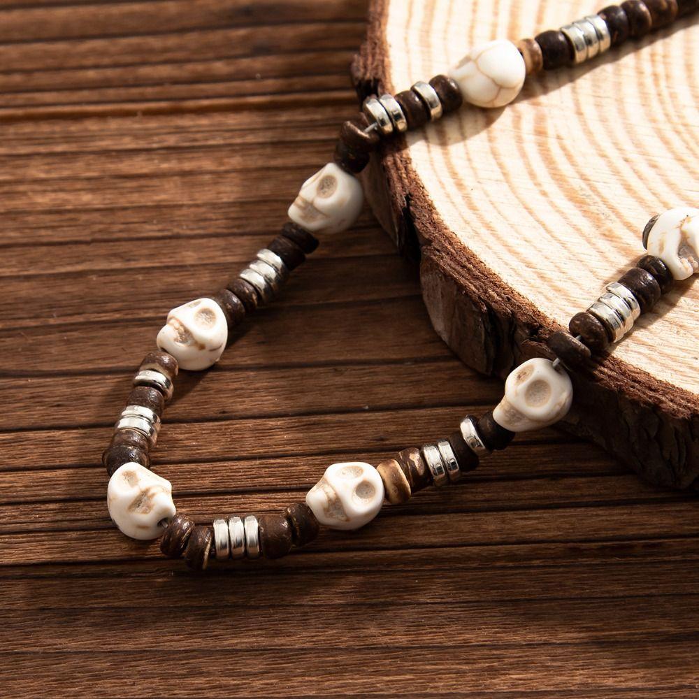 Ethnic Style Coconut Shell Necklace Boho Wooden Choker Vintage Skull Beaded Necklace Female