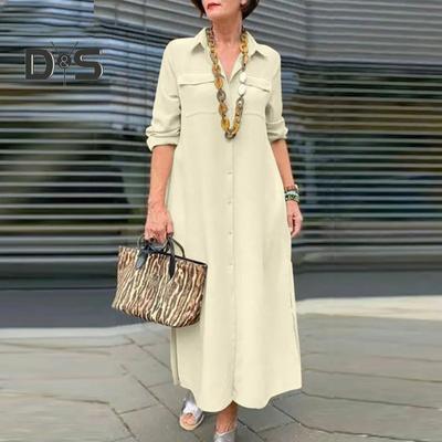 Women Dress Turn Down Collar Loose Solid Color Long Sleeve Single Breasted A Line Chest Pocket Soft Breathable Ankle Length Spring Fall Maxi Dress