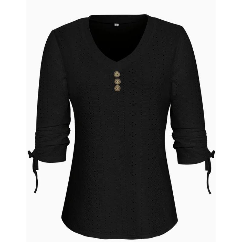 Spring and Summer New Solid Color Jacquard Button Long-sleeved Straps Hollow Loose T-shirt Top