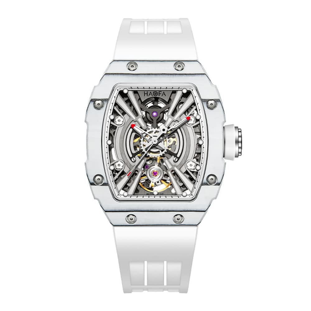 

HAOFA Watch Skeleton Automatic Medium Size Mechanical Watch Double Layer Carbon Fiber Case Barrel Shape Tonneau Shape Titanium Watch Baseball Watch білий