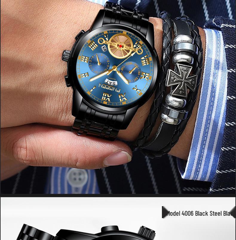 Orologio da uomo FenZun con Tourbillon Volante Nero e Cinturino in Acciaio con Diamanti Neri