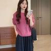 2026 Women's Pink Round Neck Hollow Knit Sweater for Early Autumn and Winter