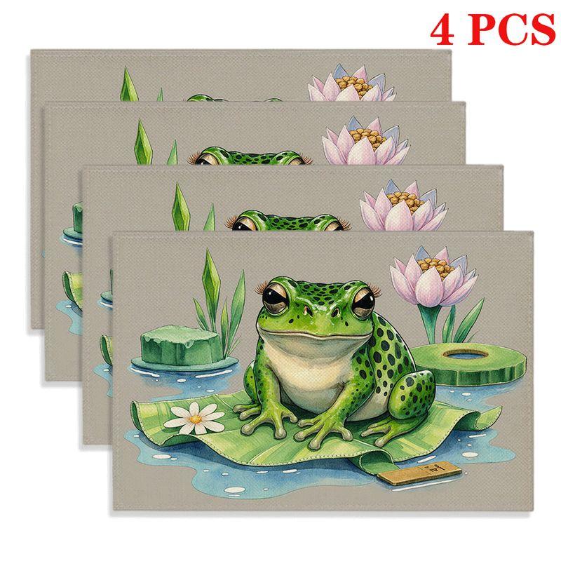 4/6pcs Rectangular Placemats - 18X12 Inches, Lily Pad with Frogs And Lotus Cartoon 2D Element Pattern Design, Easy-Clean Table Mat, Durable Heat-Resis