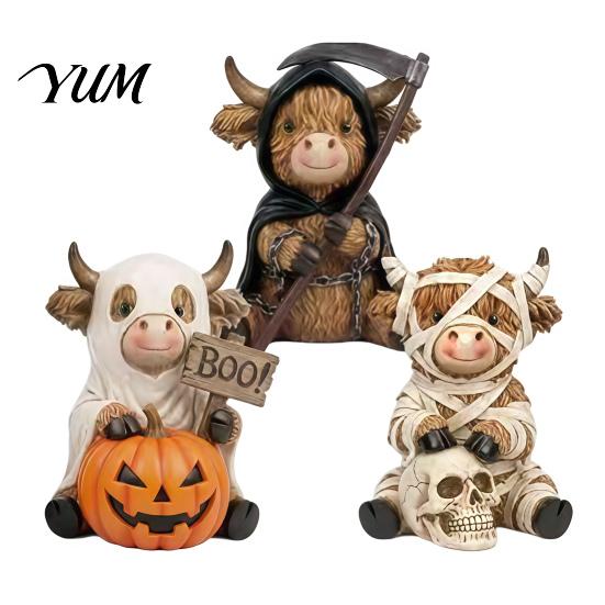 Dark Style Resin Figurine 3Pcs Halloween Highland Cow Figurines, Cattle Statues of Grim Reaper, Modern Farmhouse Table Decor Mummy & Ghost,