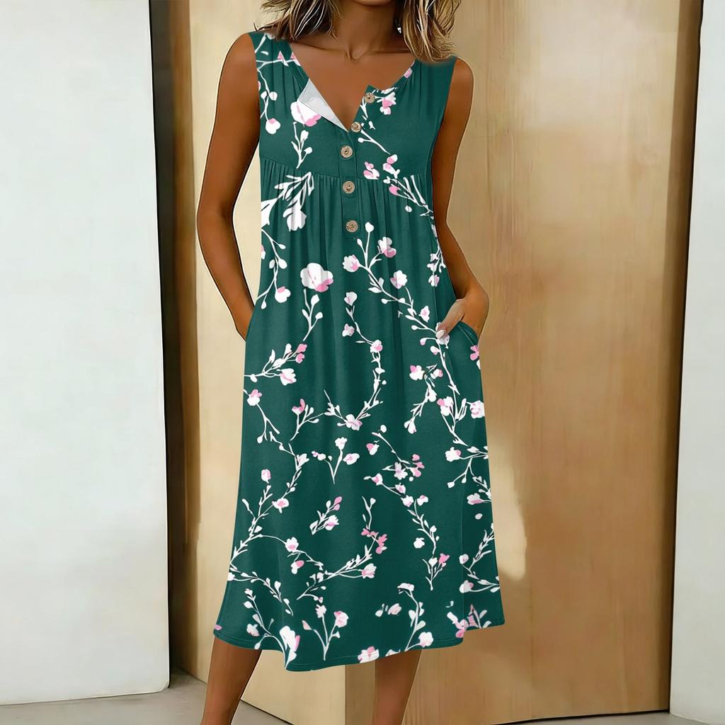 Women's Casual Sleeveless Button-down Mid-length Dress
