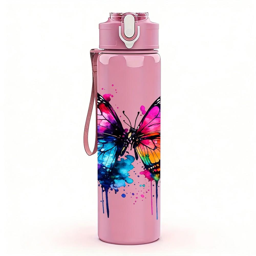1PC Vibrant Watercolor Butterfly Art Print 750ml Color Plastic Sports Water Bottle Leakproof Flip Straw Lid Suitable for Sports Office Home Use
