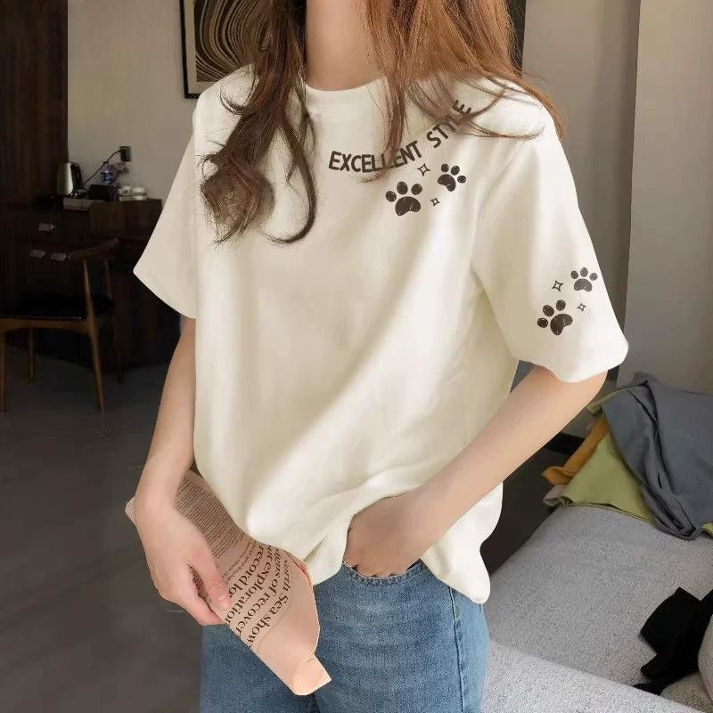 Women's Round Neck Short Sleeve Printed Loose Fit Korean Casual T Shirt Basic Top with Heart Graphic for Spring Daily Wear