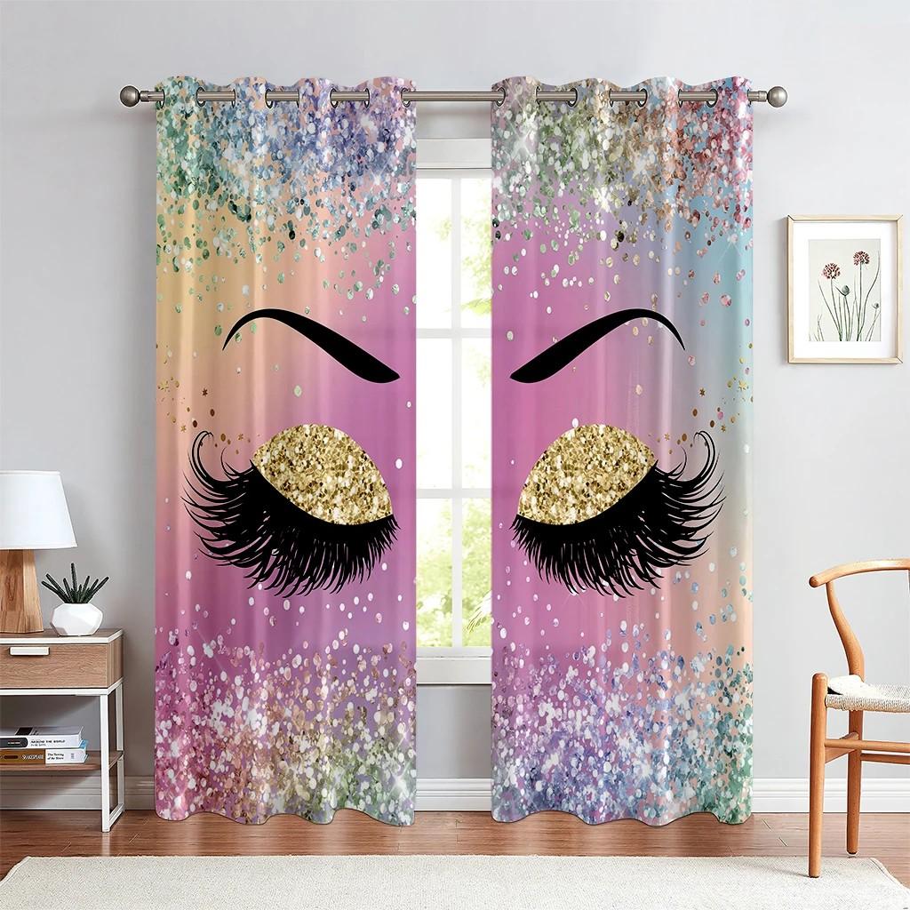Window Curtains Cartoon Fantasy Unicorn Eyelashes Glittering Print Custom Curtains Girls Room Living Room Study Decoration 2PCS