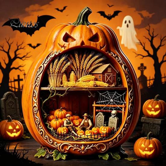 Indoor Halloween Ornaments Centerpiece Pumpkin, Wooden Pumpkin Ornament with Miniature Scenes, Rustic Unique Table Centerpieces Skeleton for Farmhouse