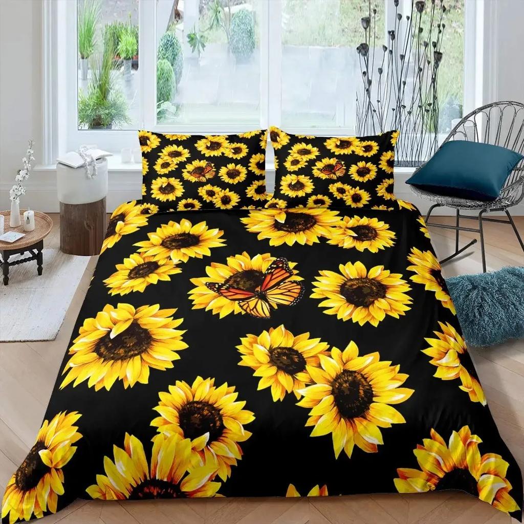 Sunflower Duvet Cover Set,Romantic Flowers On Old Fashioned Letters Postcards Newspapers,girls Sunflower Vintage Bedding Sets