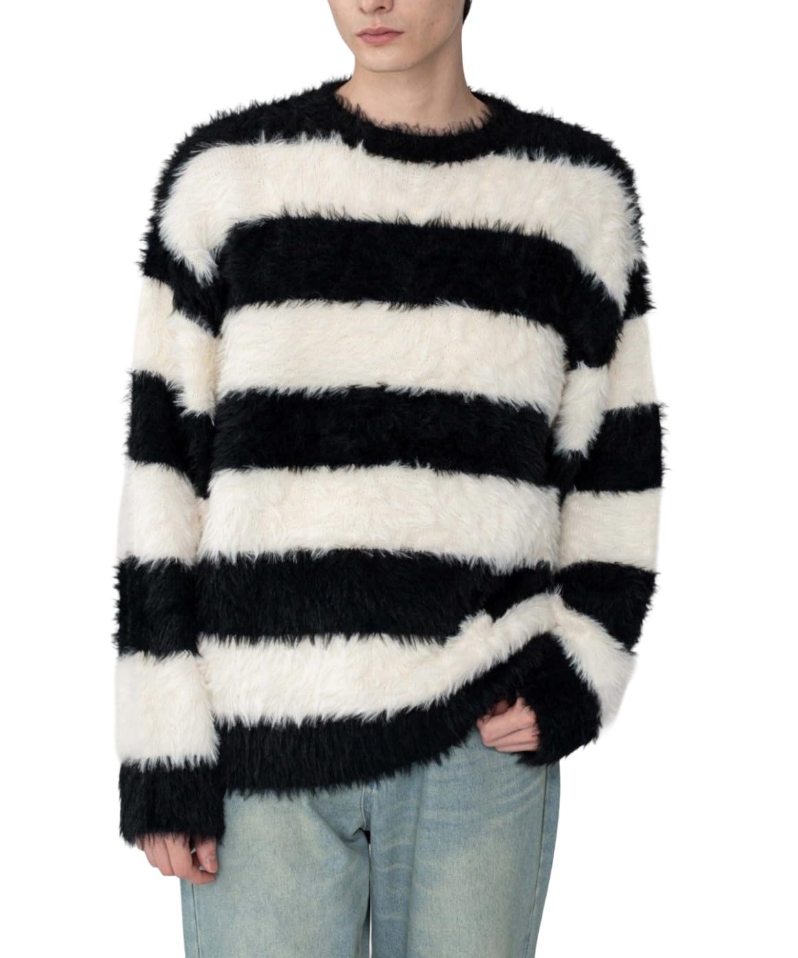

WEGO Feather Knit Pullover Loose Solid Korean Size White Border Men s Sweater, Unisex, Fit, Color, Style, Casual, Fall/Winter, Gift, M,