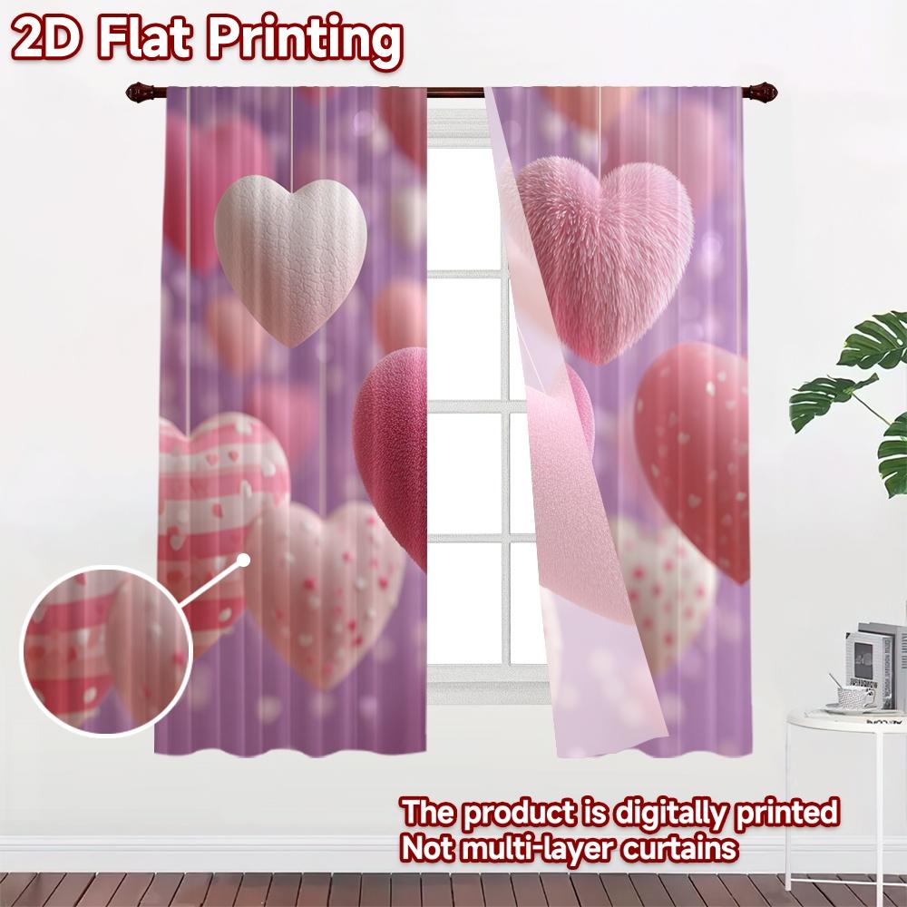 2D FLAT PRINTING 2pcs Curtains (Without Rod) Valentine's Day Pink Hearts and Roses Chic Curtain Chic Versatile Durable Polyester