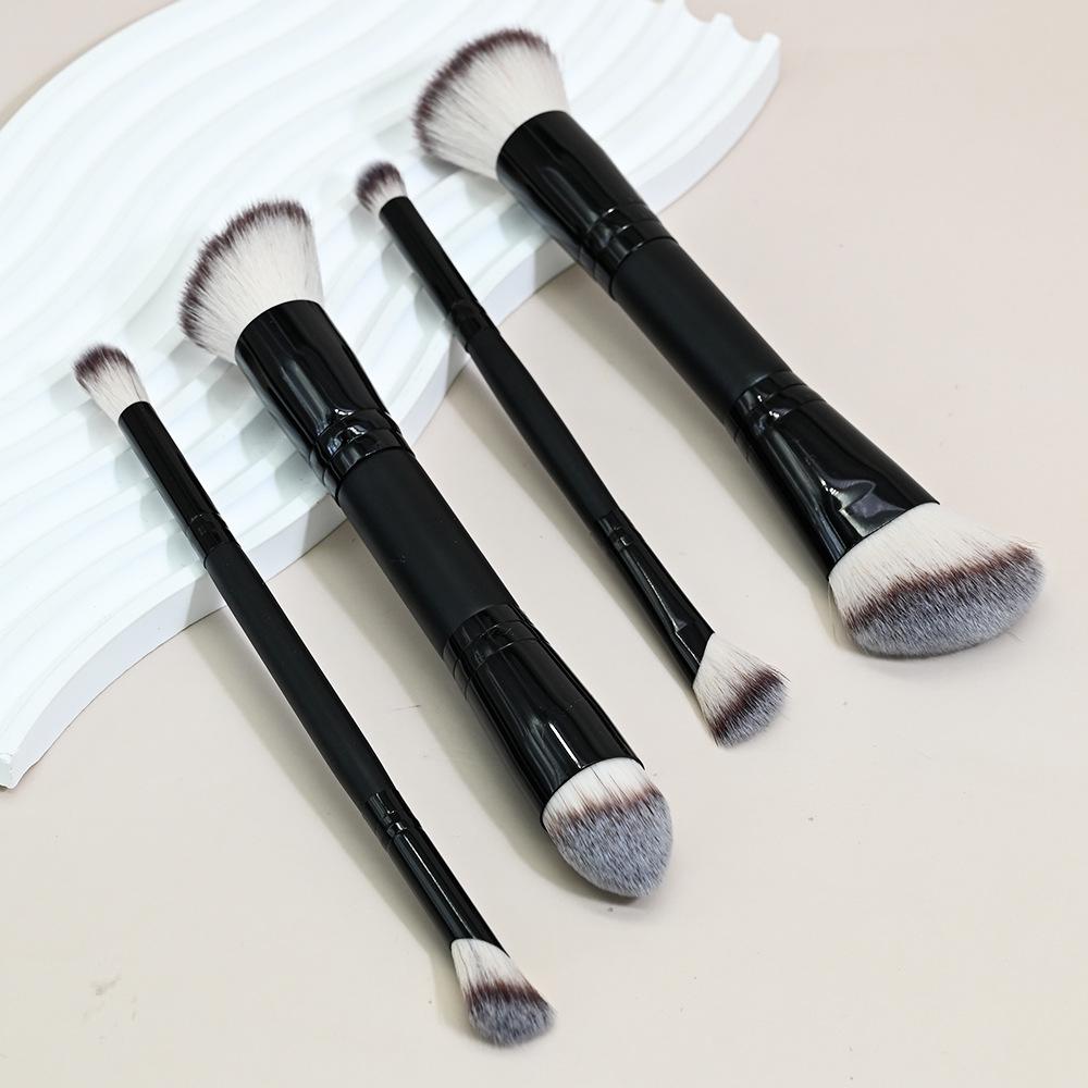 4-Piece Dual-End Makeup Brush Set: Foundation, Blush, Contour, Eye Shadow Blending with Soft Three-Color Bristles