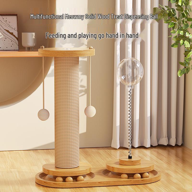 Solid Wood Rotating Catnip Ball and Teaser Wand Set - Cat Food Dispenser & Toy