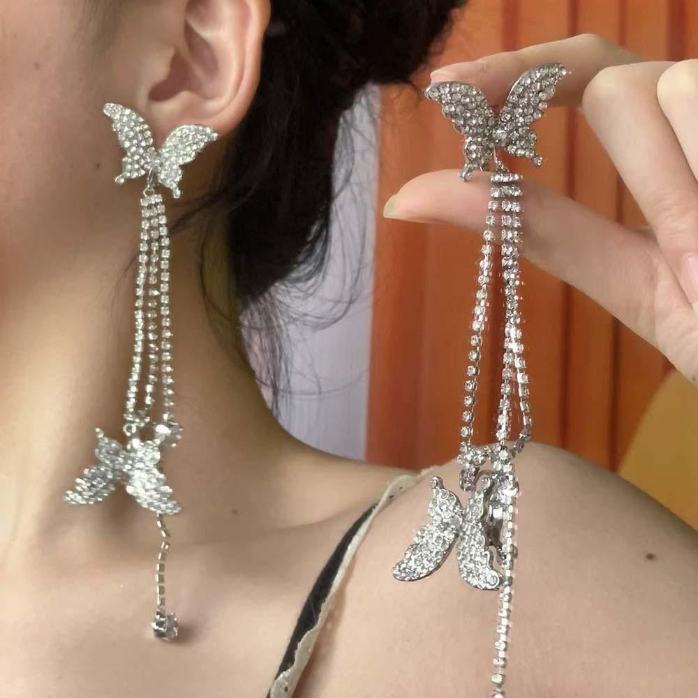 1 pair Zinc Zinc Alloy Silver Tassel Ear Clip Long Shiny Temperament Eardrops  Holiday
