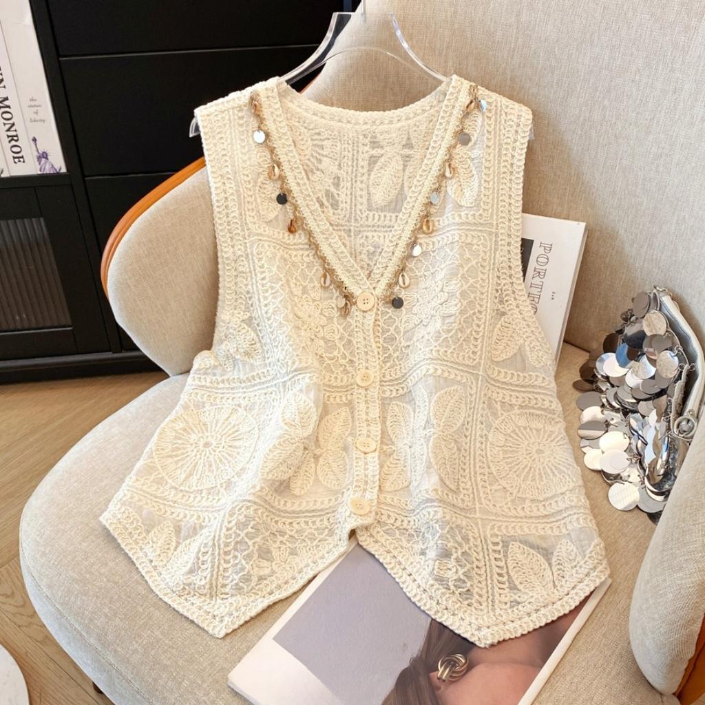 DIMANAF 2025 New Short Vest T-Shirt Women Sleeveless Round Buttons Knitting Lace Vest O-Neck Summer Style Basic Tops Tees Loose Clothing