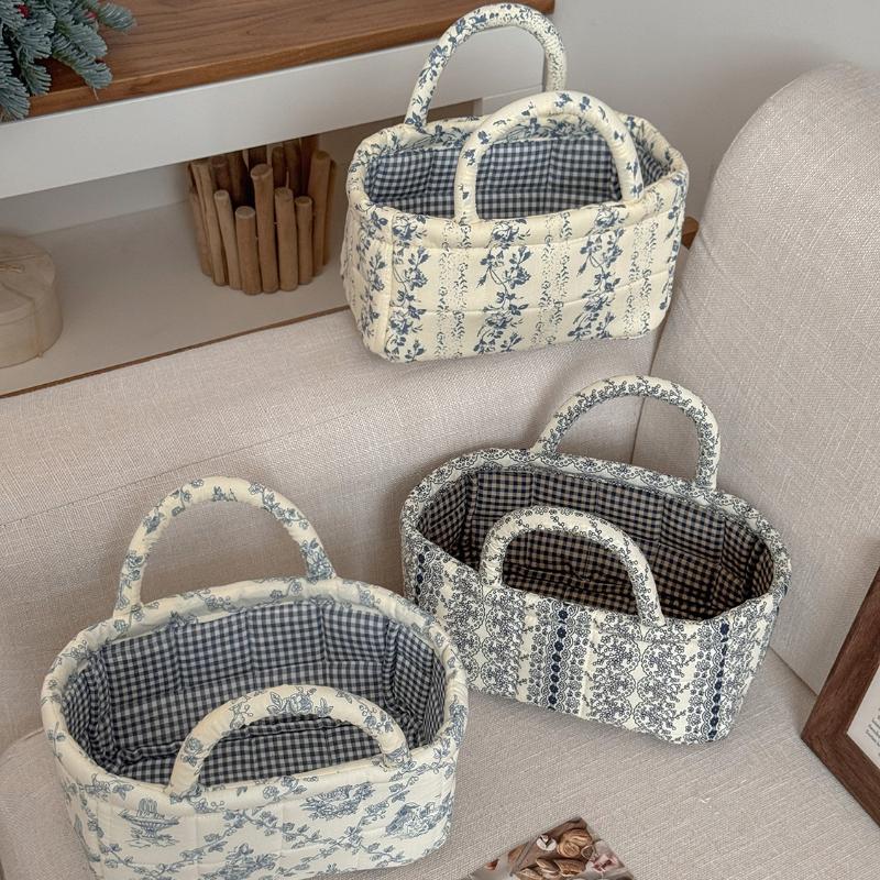 Floral Vintage Organizer Basket With Handle Portable Home Storage Basket For Living Room Kitchen Countertop