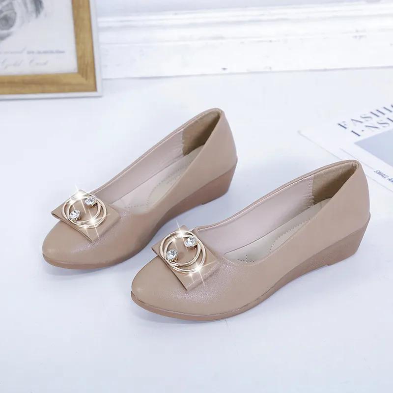 Zapatos De Mujer Women Fashion Pointed Toe Black Leather Spring Slip On Anti Skid Wedge Heel Shoes for Office Ab487