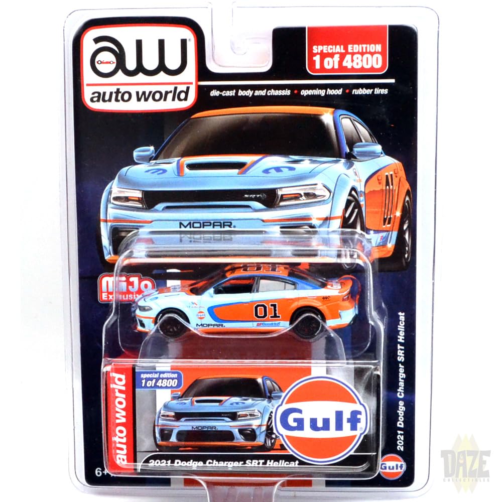 Auto World Масштаб MiJo Эксклюзив 2021 Dodge Charger SRT Hellcat Кастомная раскраска Gulf 1/64 - - CP8084-24 [Товар] золотой