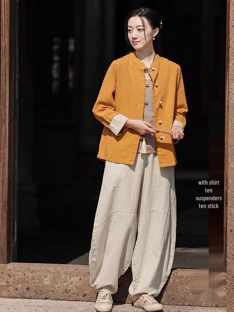 Young Women's Cotton-Linen Zen-Inspired Frog Button Cardigan for Eight Brocades Exercise