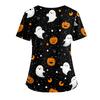 Halloween Print V Neck Short Sleeve Nurse Scrub Top with Dual Pockets and Side Slits Medical Uniform Shirt for Healthcare Professionals