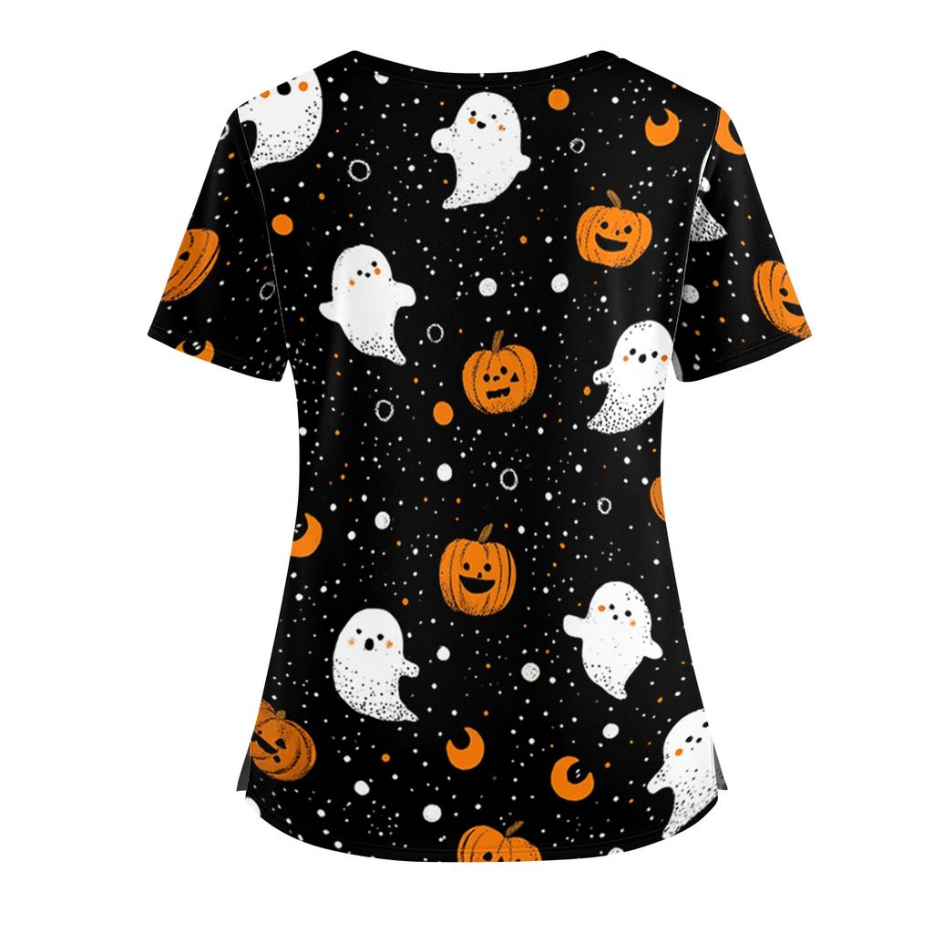 Halloween Print V Neck Short Sleeve Nurse Scrub Top with Dual Pockets and Side Slits Medical Uniform Shirt for Healthcare Professionals