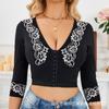 Women's Three Quarter Sleeve Crop Top V Neck Elegant Lace Patchwork Shapewear Top