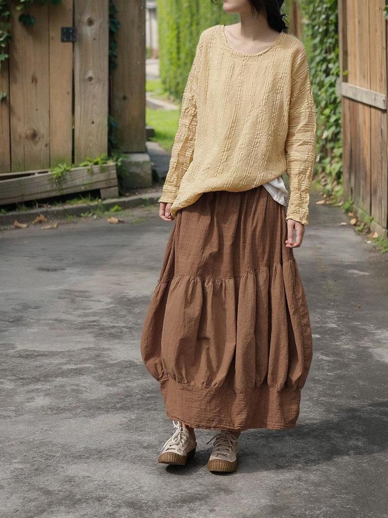 Johnature Women Vintage Beige T-Shirts O-Neck Long Sleeve Spring Loose Casual Jacquard T-Shirts