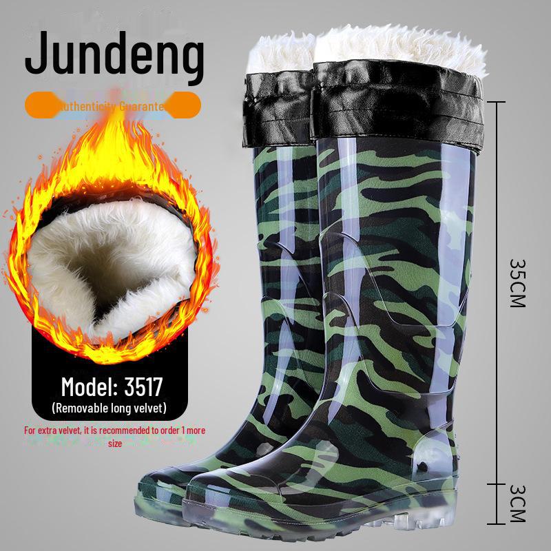 Men's Camouflage Waterproof Rain Boots with Velvet Lining - High/Mid/Short-Top Rubber Shoes for Construction, Kitchen, and Fishing