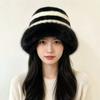 Wide Brim Fur Bucket Hat Faux Fur Striped Fisherman Cap Fashion Plush Hat  Winter