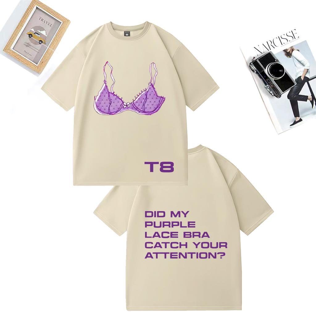 Tate McRae Purple Lace Bra So Close To What print T Shirt Men Woman's vintage Oversized 100% Cotton Summer Unisex plus size Tops