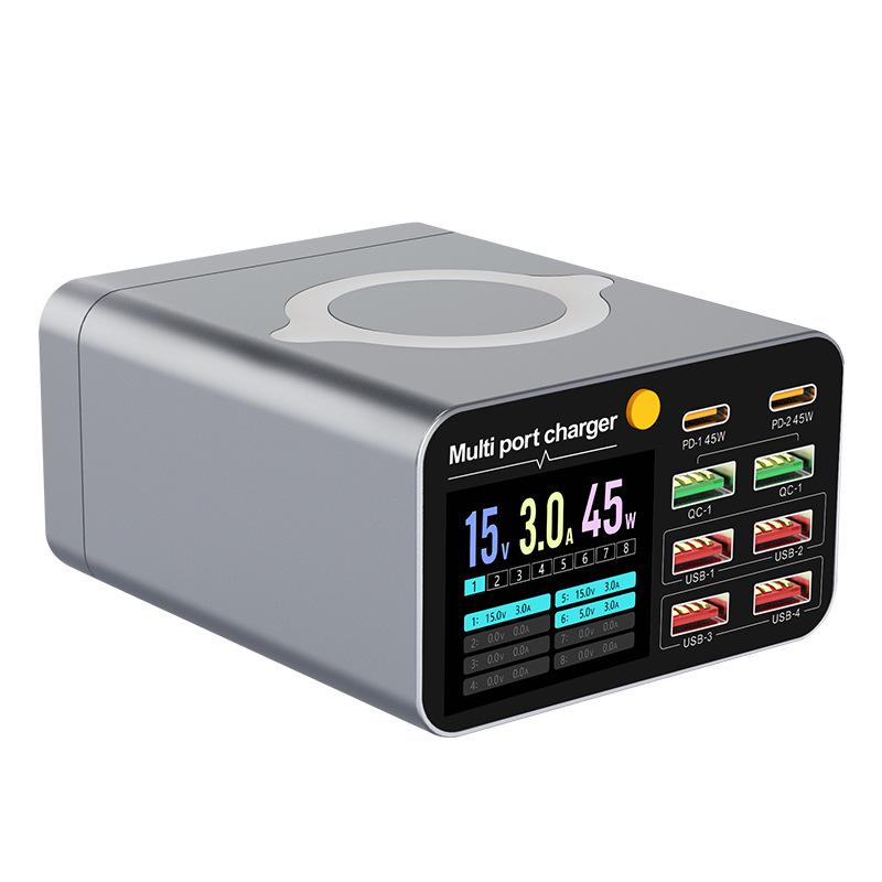 80W Multi-Port Charger: 6A2C Digital Display Wireless Desktop Fast Charging Station for Phones & Laptops.