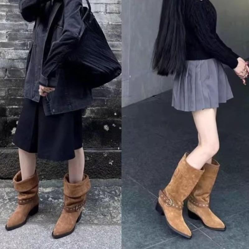 Fashion Pile Boots Women's Fall New Vintage Pointed Toe Suede Studded Metal Buckle Block Heel Western Cowboy Boots