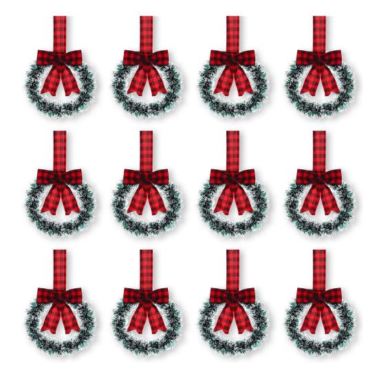 Mini Christmas Cabinet Wreaths 5.1 Inch Small Kitchen Xmas Decor with Red Ribbon Bow Plastic Rattan Fabric Window Door Office Holiday Decoration