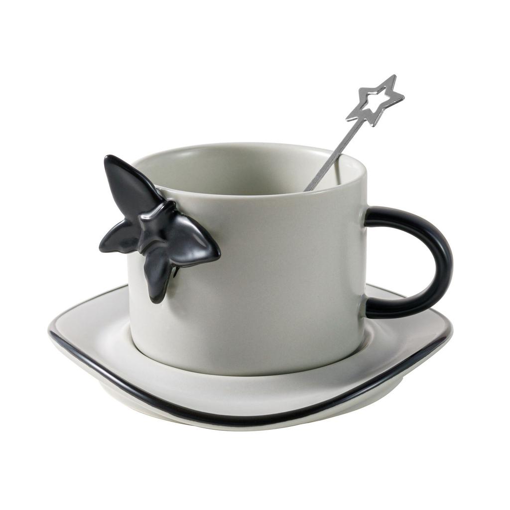 Europäische Schmetterling Keramiktasse Unregelmäßige Schale Einfacher Löffel Kaffeetassen Schwarz Weiß Grau Becher Exquisites Trinkgeschirr Freund Geschenk