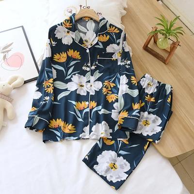 Primavera e Verão Novo Pijama 100% Viscose Conjunto de Duas Peças Calças de Manga Comprida Feminino Estampado Floral Confortável Tamanho Grande Roupa de Casa