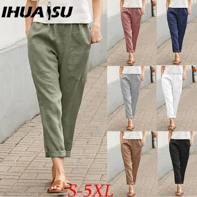 Women Summer Solid Color Double Pocket Trousers Loose Long Pants Female Cotton Linen Pants