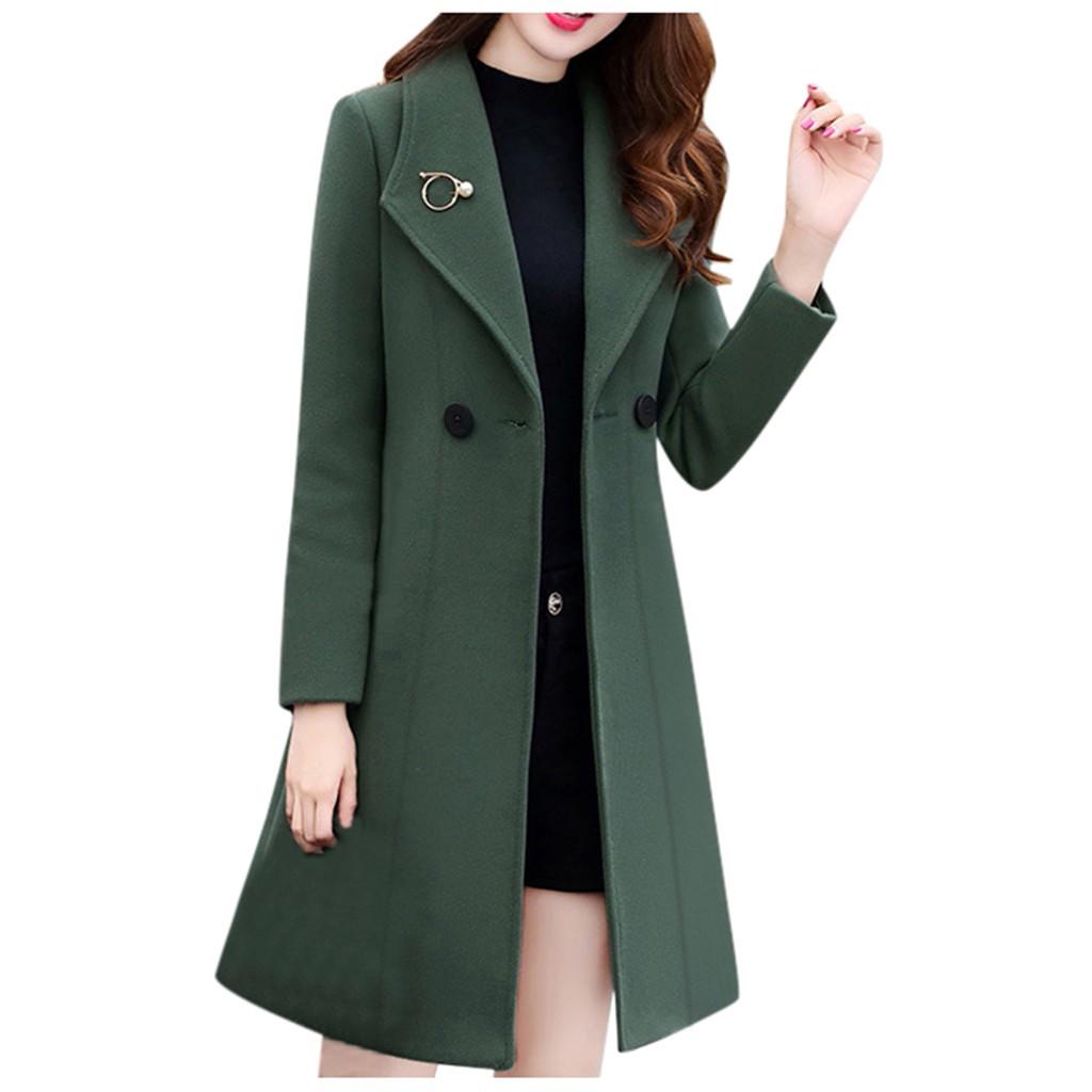Women Work Solid Vintage Winter  Long Sleeve Button Woolen Jacket Coat