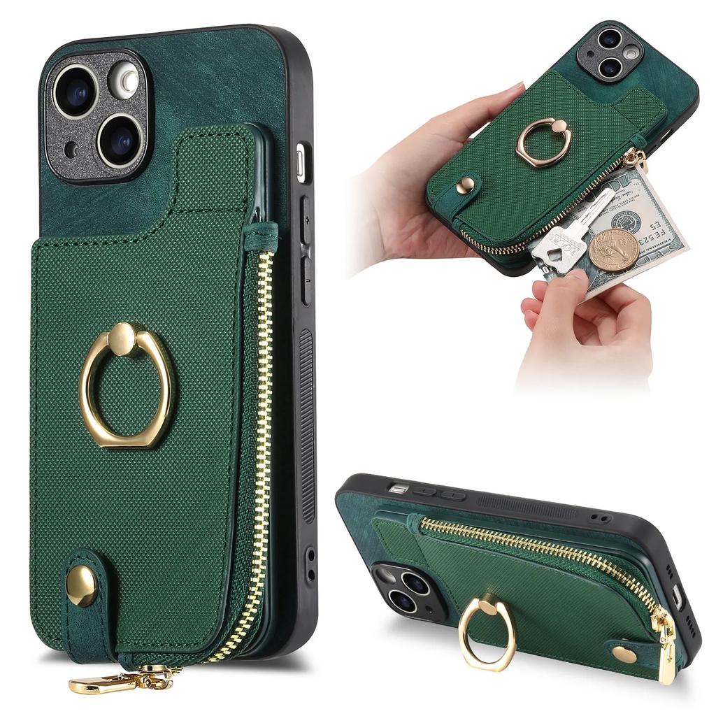 Vertical Cards Slot Ring Holder Zipper Wallet Case For iPhone 15 Pro Max 14 Plus 13 12 11 XS X XR 7 8 SE 2022 Bag Pocket Cover