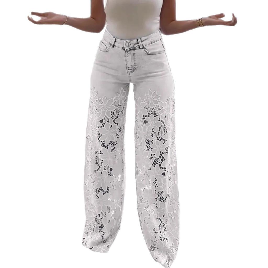 High waist wide leg pants women's spring and summer fashion temperament versatile empty lace splicing denim drape pants