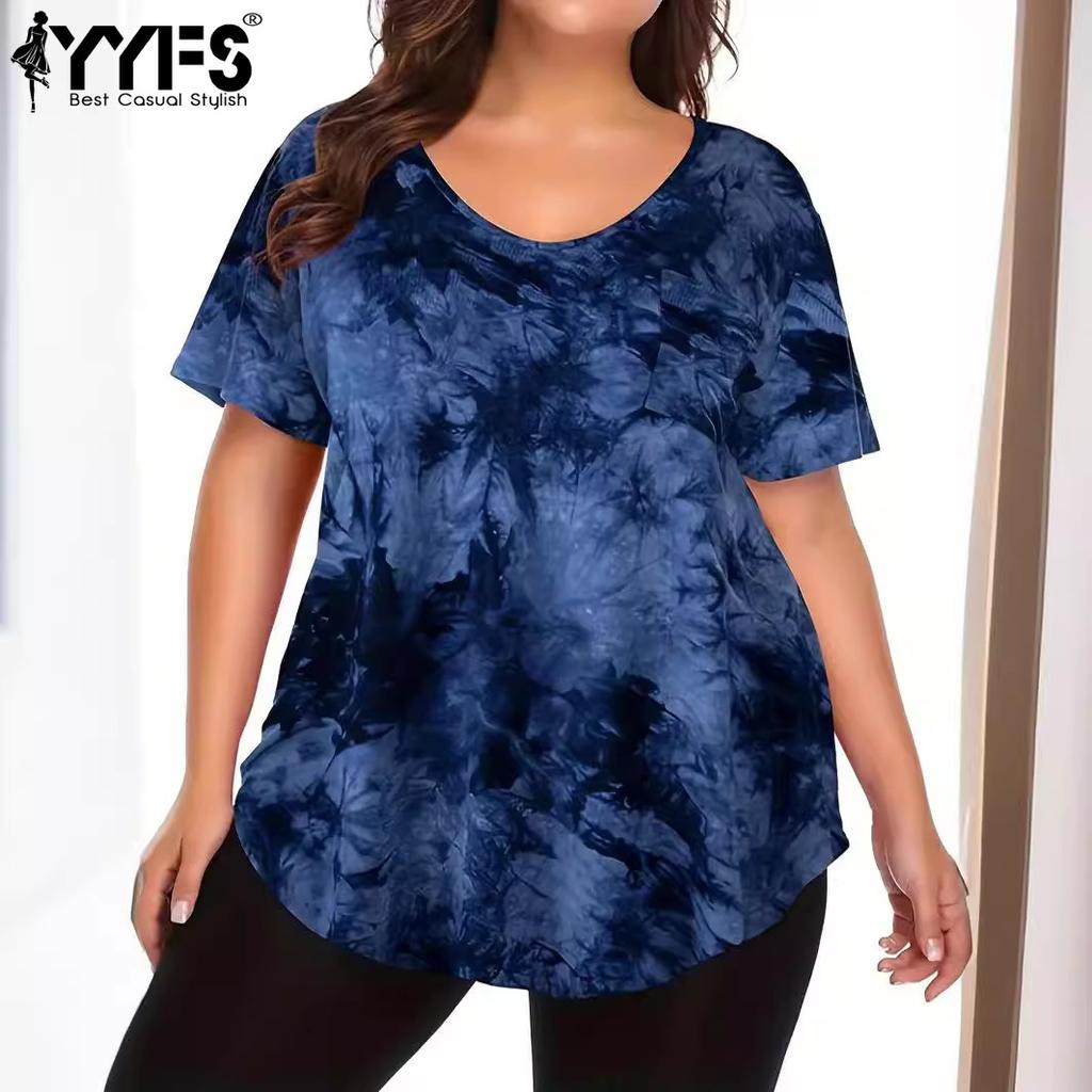 YYFS Dámská móda Ležérní Léto Jaro, Blůzy a košile s krátkým rukávem a výstřihem s blokovým potiskem