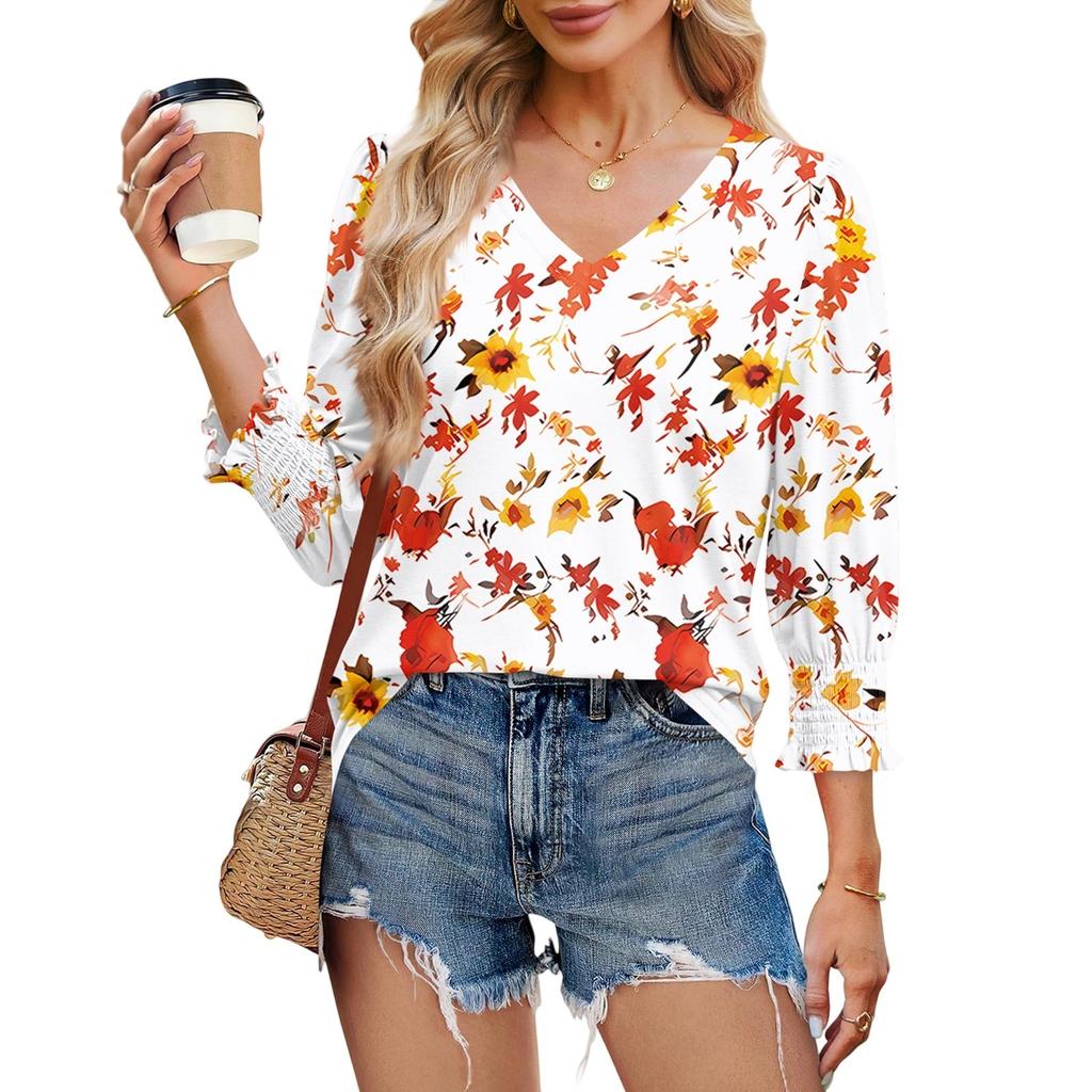 3/4 Sleeve Tops For Women T-Shirt Casual Print Tops T Shirt Round Neck Pullover Blouse